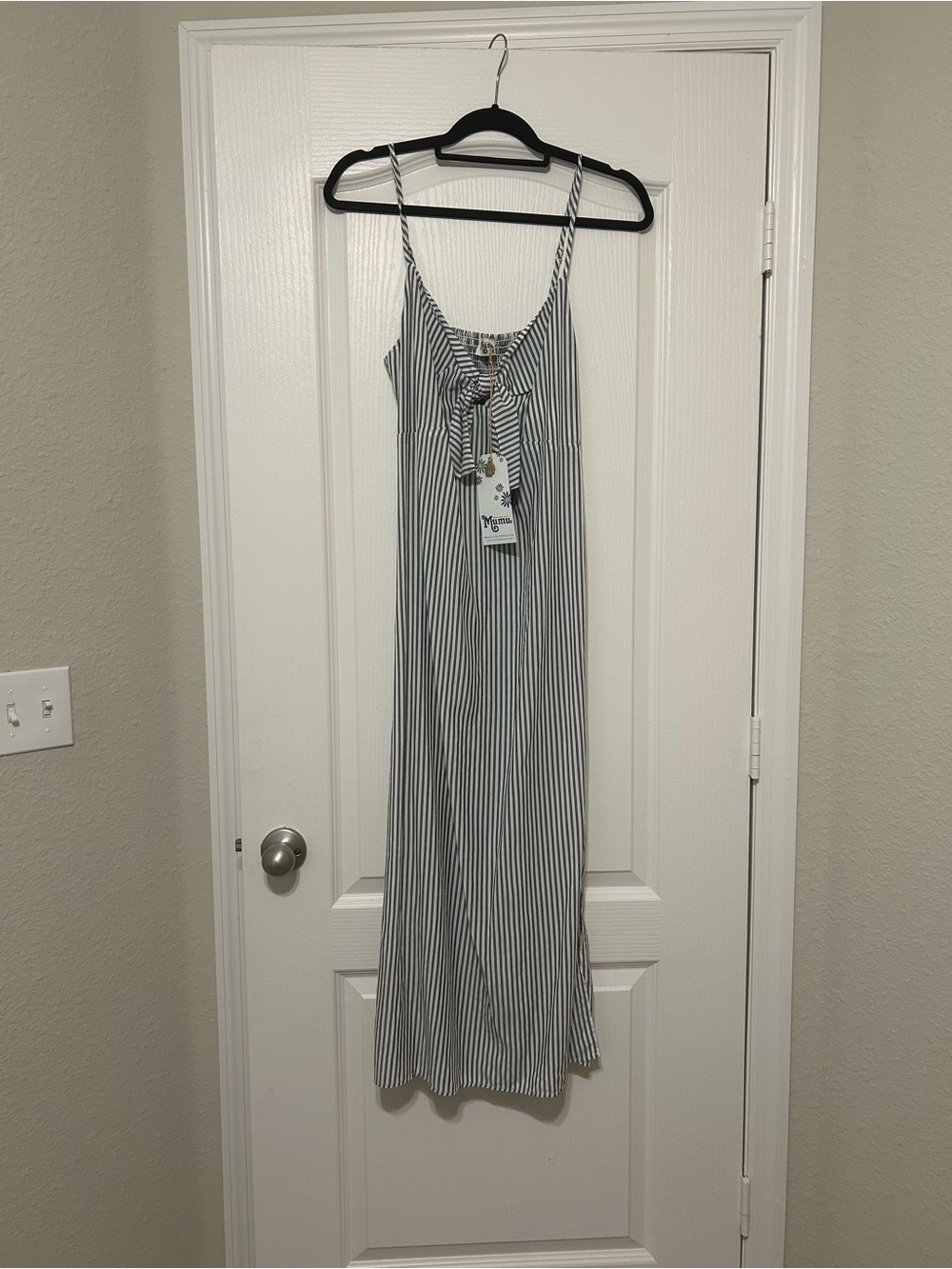 Grey/navy and White Striped Tie-Front Maxi Dress